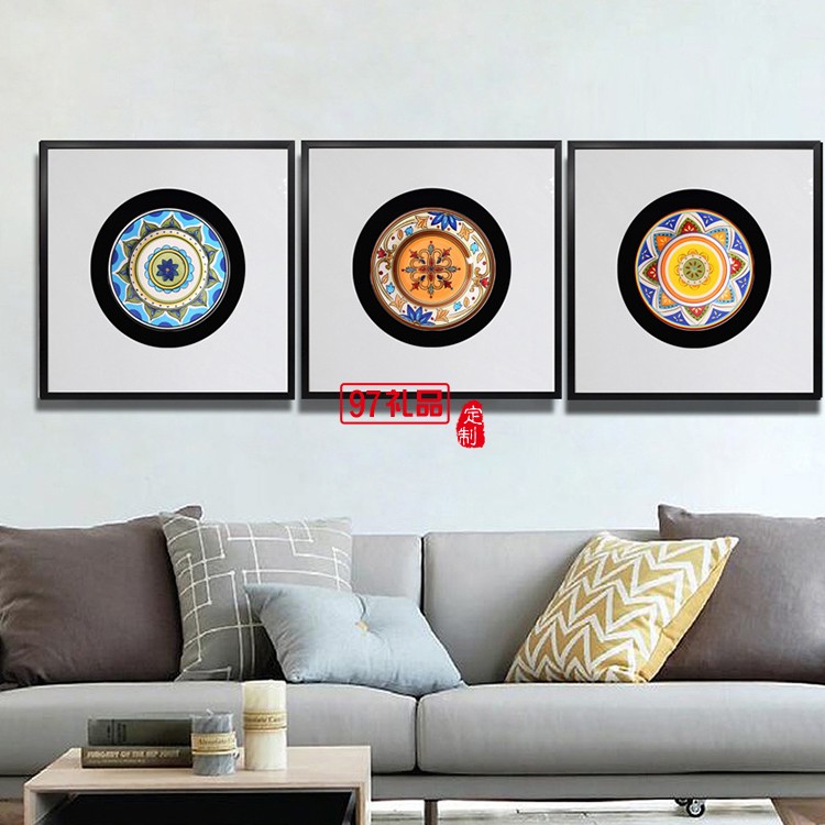 立體實(shí)物陶瓷盤軟裝樣板房有框掛畫