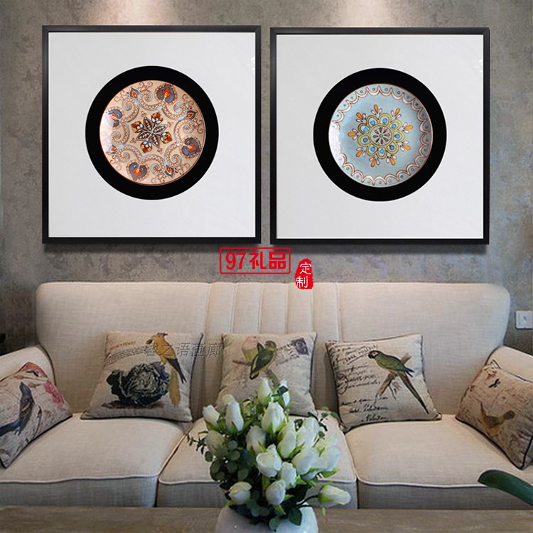 立體實(shí)物陶瓷盤軟裝樣板房有框掛畫