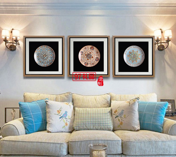 立體實(shí)物陶瓷盤軟裝樣板房有框掛畫