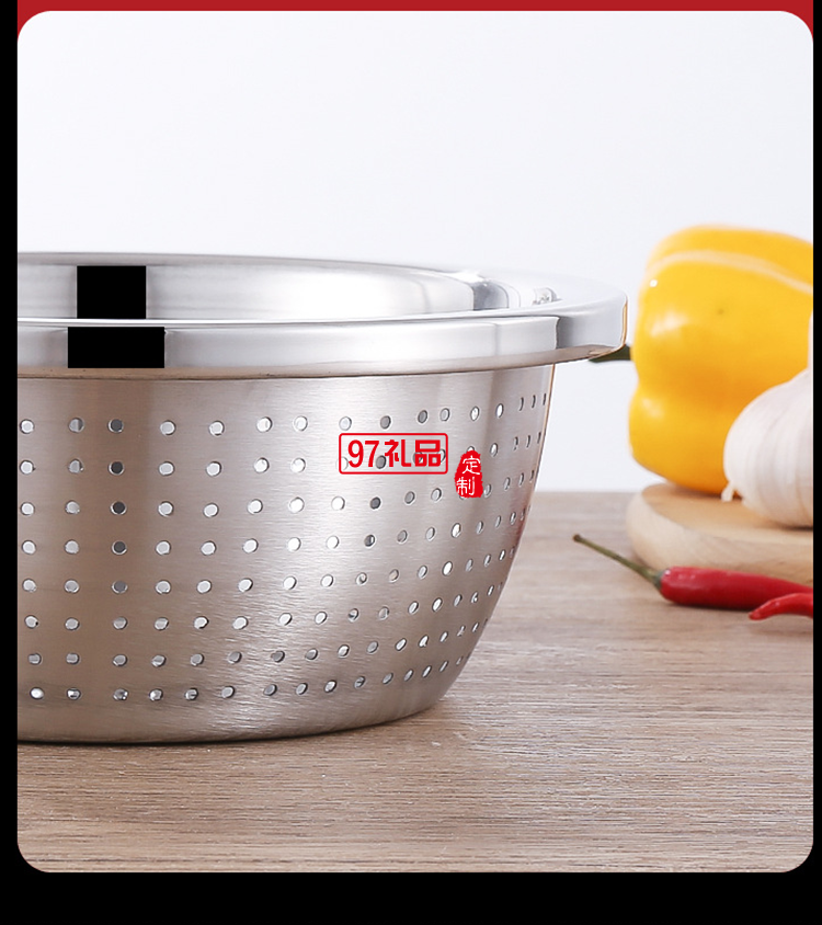 加厚不銹鋼盆米篩三件套調(diào)料缸淘米盆洗菜盆實用年貨禮品套裝盆子