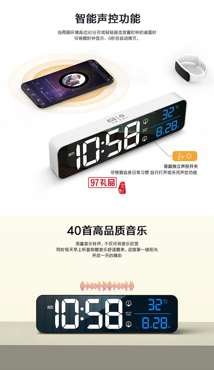 新款萬年歷充電鬧鐘智能LED數(shù)字臺(tái)鐘