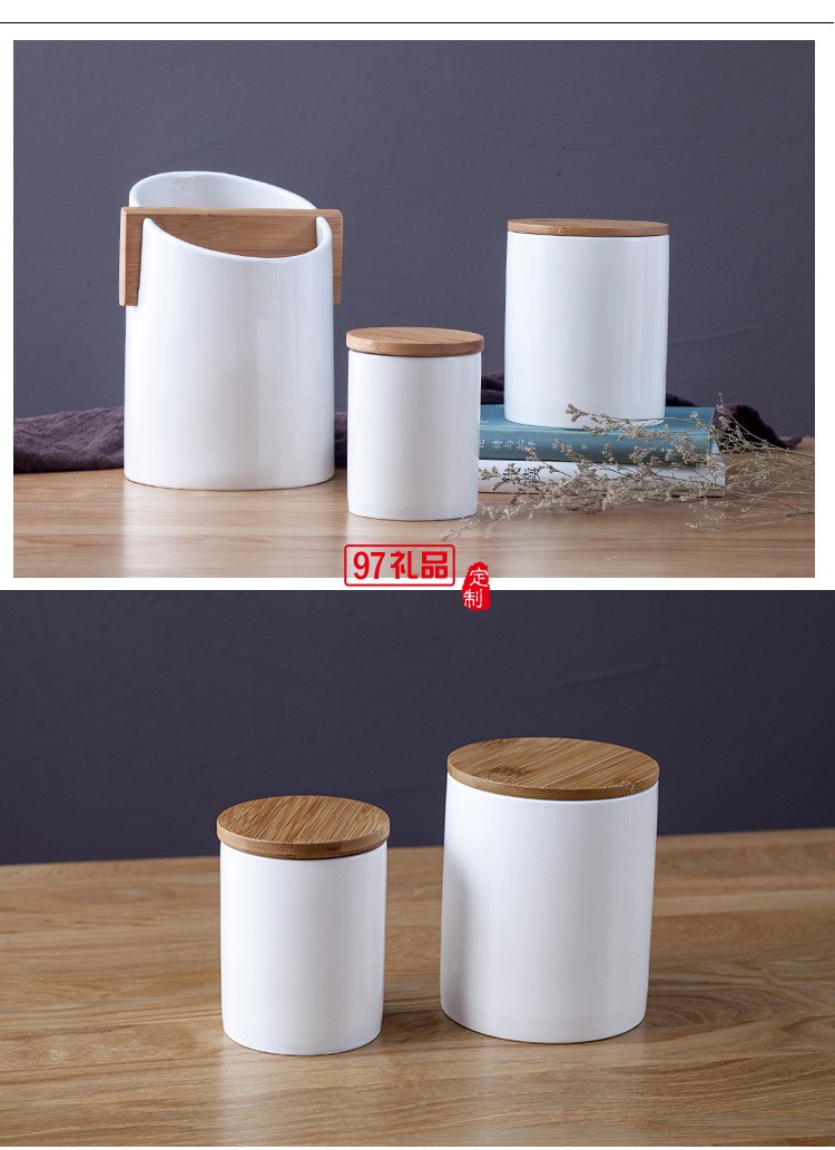 中式帶木蓋陶瓷茶葉罐小號(hào)白瓷迷你密封儲(chǔ)存罐圓形收納儲(chǔ)物罐