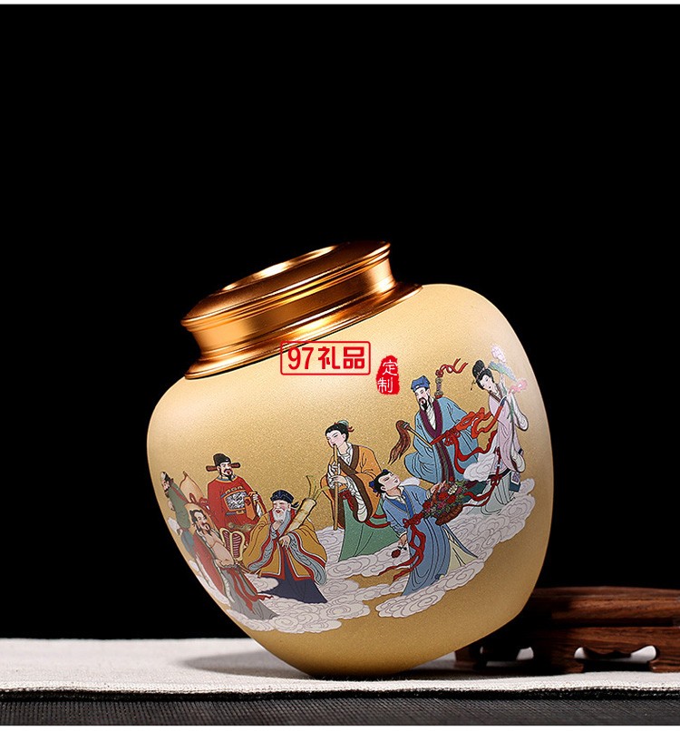 宜興紫砂茶葉罐原礦段泥手工彩繪八仙過(guò)海茶吸力茶罐