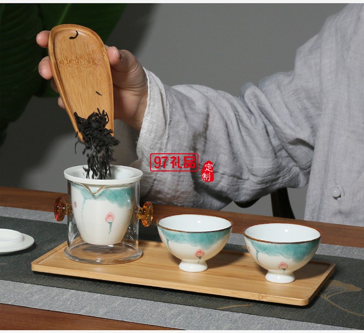 手繪荷花一壺二杯紅茶泡茶具套裝便攜陶瓷茶壺泡茶器辦公室禮品