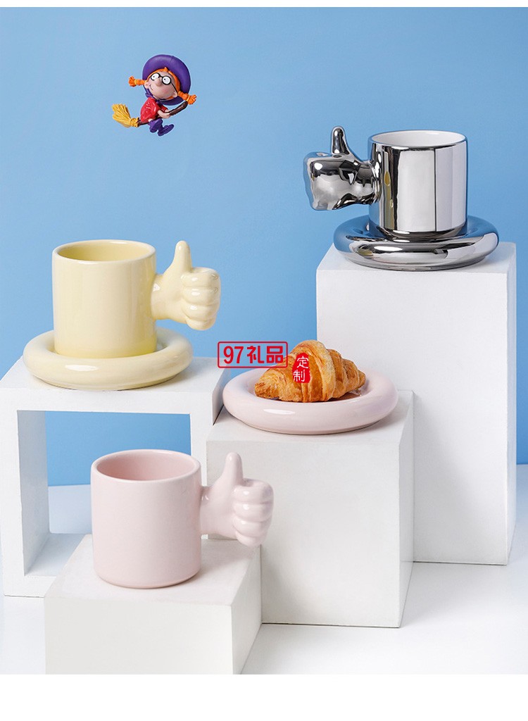 陶瓷馬克杯創(chuàng)意大拇指點贊杯 個性佼佼者杯奧利給咖啡杯碟彩盒