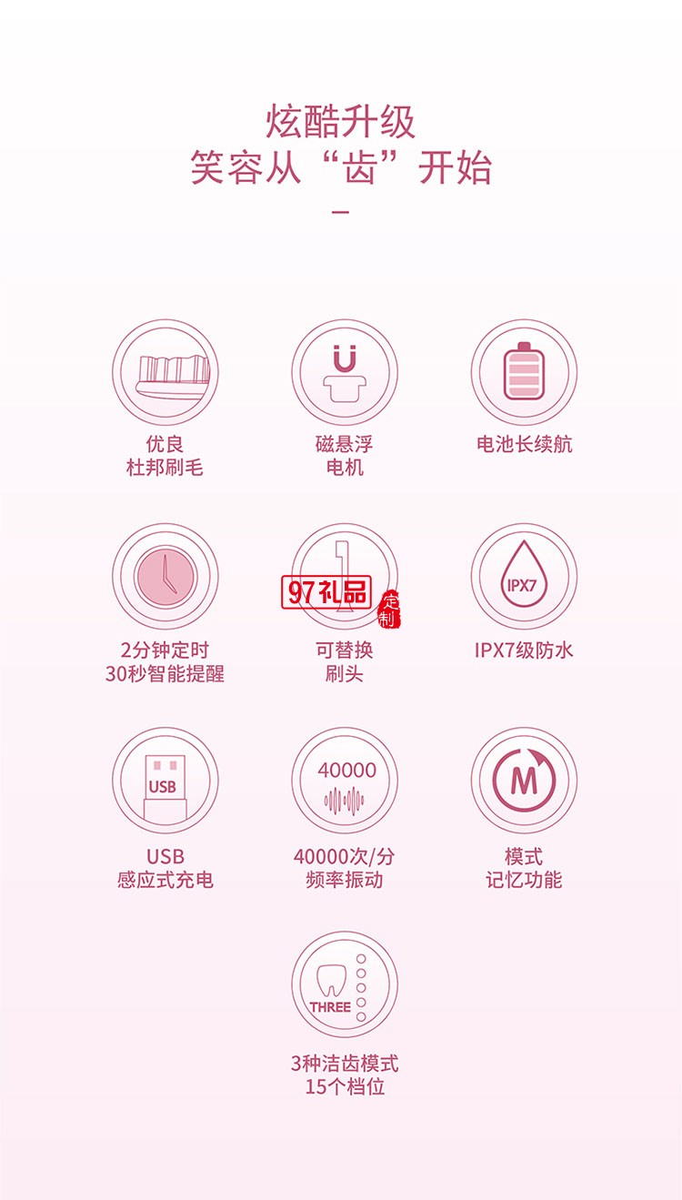 IPX7級防水有效保護(hù)產(chǎn)品三段潔齒模式聲波電動牙刷