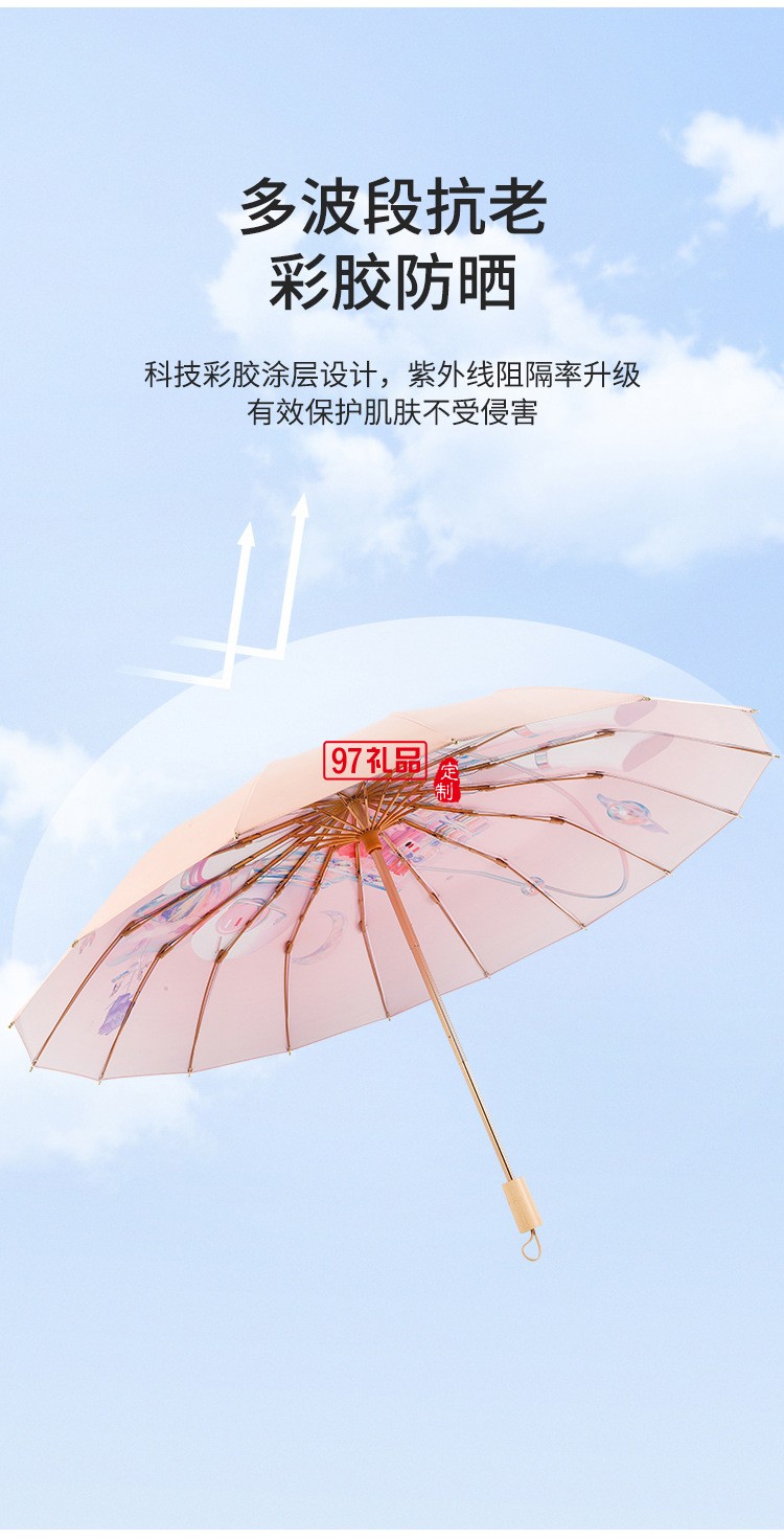 女神節(jié)三八送禮新款三折16骨手開彩膠晴雨傘實(shí)木手柄遮陽(yáng)傘