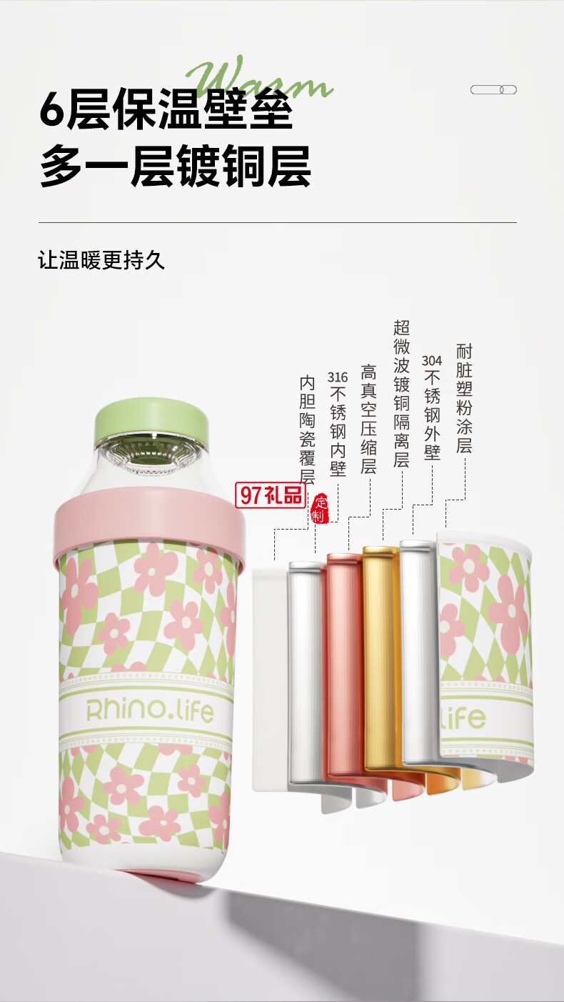 獨角犀 Rhino.life智能溫顯保溫提手杯淺荷綠色小清新水杯