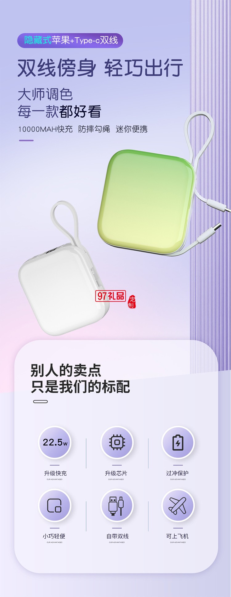 22.5w充電寶10000毫安20W快充PD大容量便攜迷你自帶線(xiàn)移動(dòng)