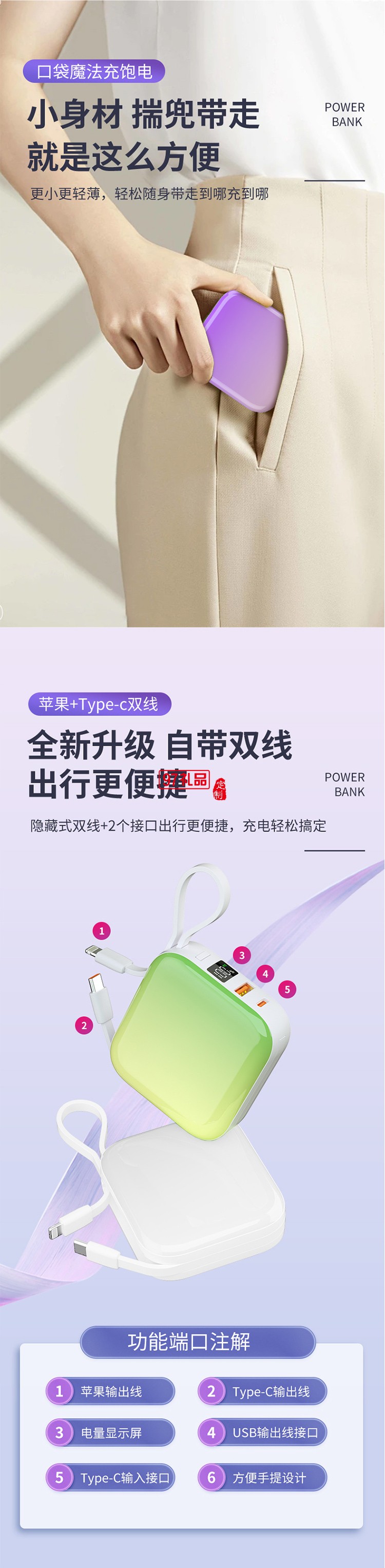 22.5w充電寶10000毫安20W快充PD大容量便攜迷你自帶線(xiàn)移動(dòng)