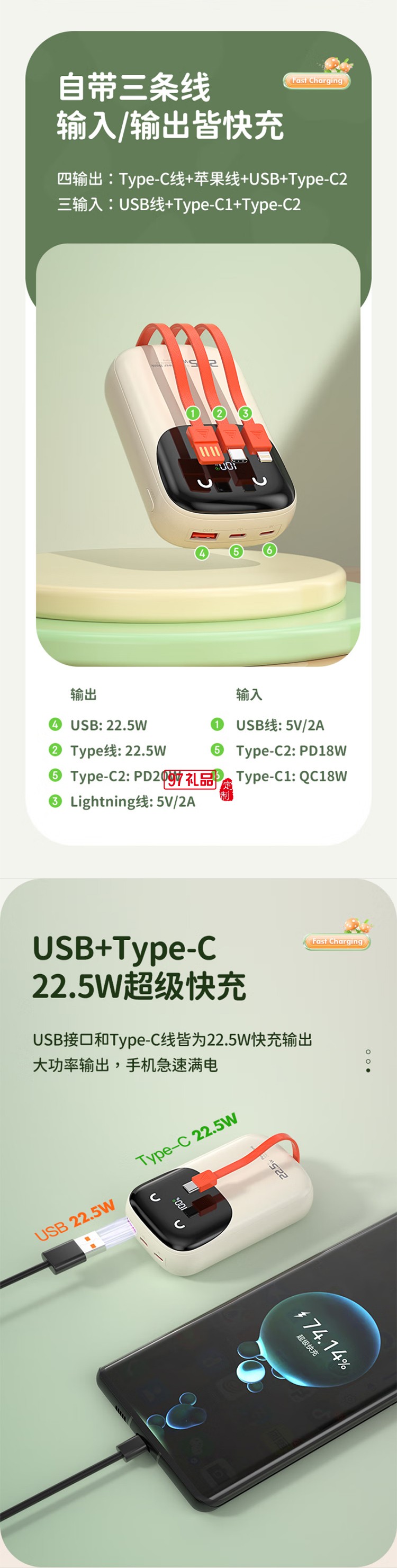 快充充電寶【3C認(rèn)證可上飛機(jī)】10000毫安時(shí)大容量自帶線22.5WP